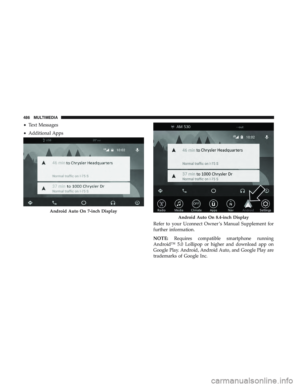 DODGE CHALLENGER 2018  Owners Manual •Text Messages
• Additional Apps
Refer to your Uconnect Owner ’s Manual Supplement for
further information.
NOTE:Requires compatible smartphone running
Android™ 5.0 Lollipop or higher and down