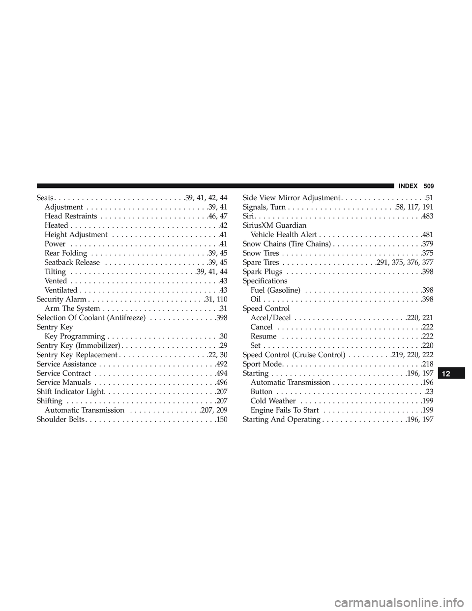 DODGE CHALLENGER 2018 Owners Manual Seats............................ .39, 41, 42, 44
Adjustment .......................... .39, 41
Head Restraints ....................... .46, 47
Heated .................................42
Height Adjust DODGE CHALLENGER 2018 Owners Manual Seats............................ .39, 41, 42, 44
Adjustment .......................... .39, 41
Head Restraints ....................... .46, 47
Heated .................................42
Height Adjust