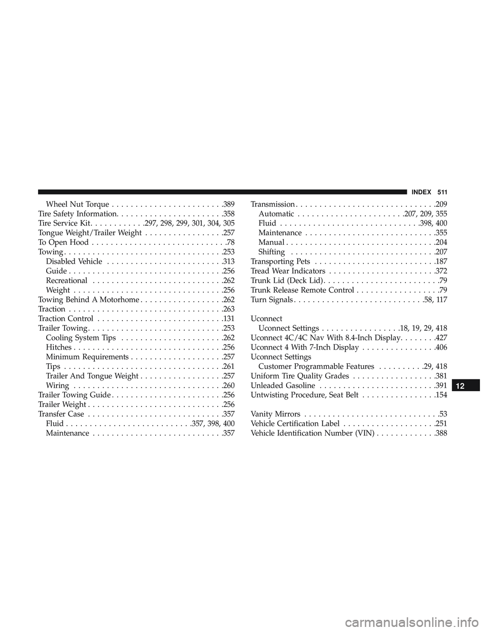 DODGE CHALLENGER 2018 Owners Manual Wheel Nut Torque....................... .389
Tire Safety Information ...................... .358
Tire Service Kit ............297, 298, 299, 301, 304, 305
Tongue Weight/Trailer Weight ................ DODGE CHALLENGER 2018 Owners Manual Wheel Nut Torque....................... .389
Tire Safety Information ...................... .358
Tire Service Kit ............297, 298, 299, 301, 304, 305
Tongue Weight/Trailer Weight ................