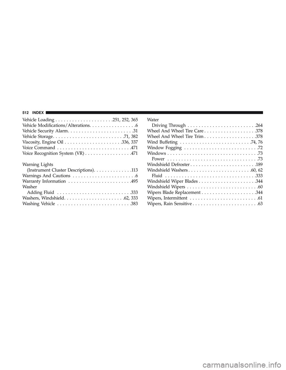 DODGE CHALLENGER 2018 Owners Manual Vehicle Loading.....................251, 252, 365
Vehicle Modifications/Alterations .................6
Vehicle Security Alarm ........................31
Vehicle Storage ......................... .71, DODGE CHALLENGER 2018 Owners Manual Vehicle Loading.....................251, 252, 365
Vehicle Modifications/Alterations .................6
Vehicle Security Alarm ........................31
Vehicle Storage ......................... .71,