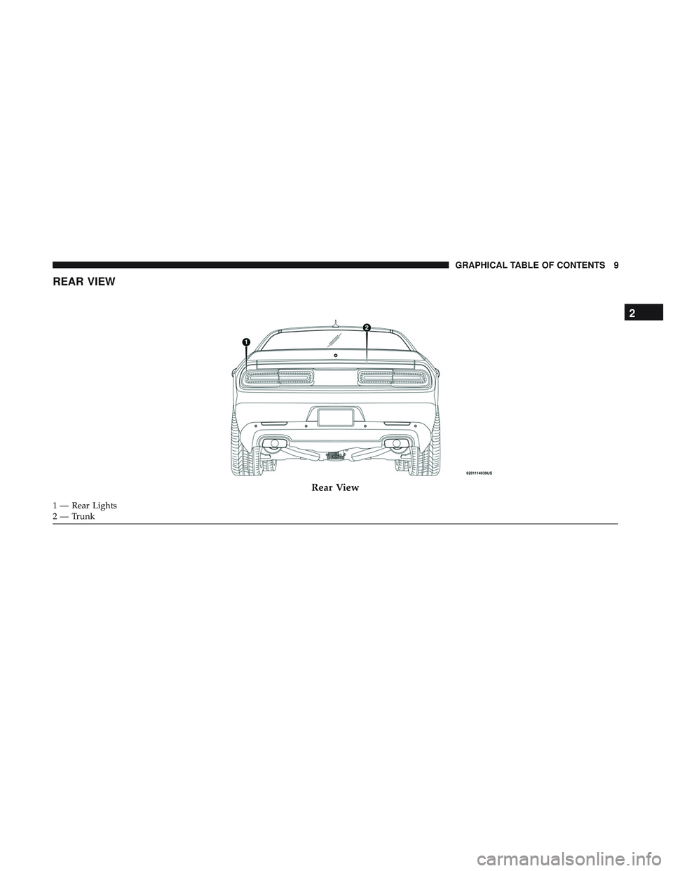 DODGE CHALLENGER SRT 2018 User Guide REAR VIEW
Rear View
1 — Rear Lights
2 — Trunk
2
GRAPHICAL TABLE OF CONTENTS 9 