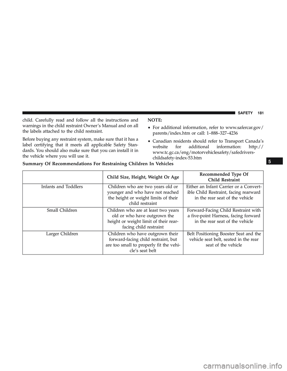 DODGE CHALLENGER SRT 2018  Owners Manual child. Carefully read and follow all the instructions and
warnings in the child restraint Owner ’s Manual and on all
the labels attached to the child restraint.
Before buying any restraint system, m