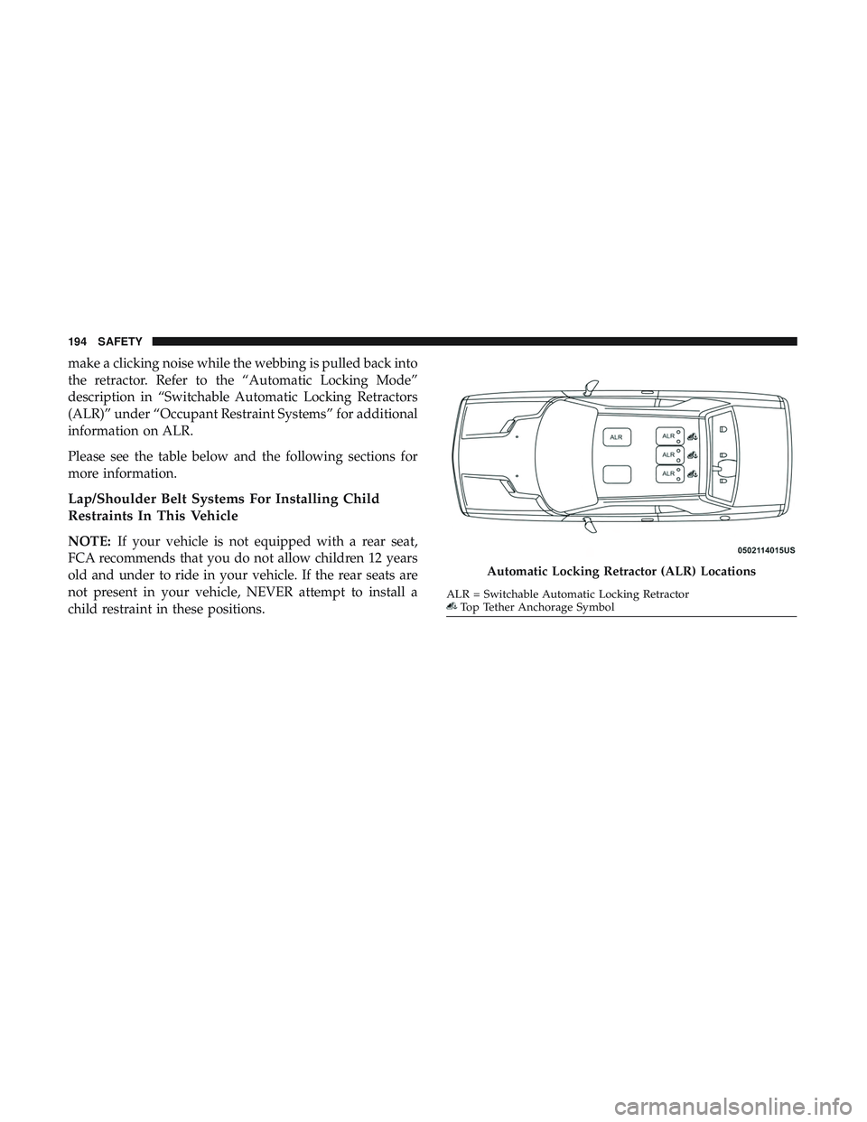 DODGE CHALLENGER SRT 2018  Owners Manual make a clicking noise while the webbing is pulled back into
the retractor. Refer to the “Automatic Locking Mode”
description in “Switchable Automatic Locking Retractors
(ALR)” under “Occupan DODGE CHALLENGER SRT 2018  Owners Manual make a clicking noise while the webbing is pulled back into
the retractor. Refer to the “Automatic Locking Mode”
description in “Switchable Automatic Locking Retractors
(ALR)” under “Occupan