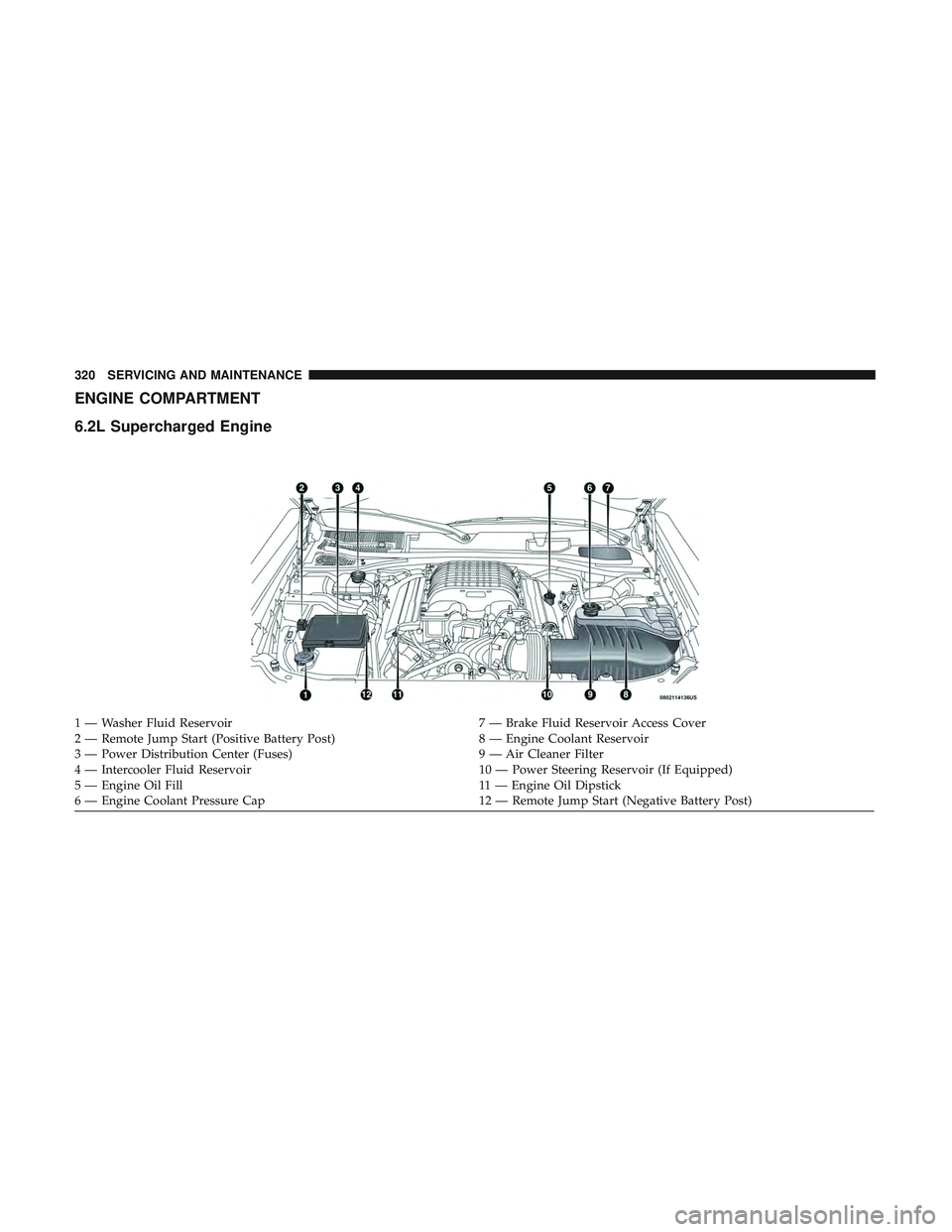 DODGE CHALLENGER SRT 2018  Owners Manual ENGINE COMPARTMENT
6.2L Supercharged Engine
1 — Washer Fluid Reservoir7 — Brake Fluid Reservoir Access Cover
2 — Remote Jump Start (Positive Battery Post) 8 — Engine Coolant Reservoir
3 — Po