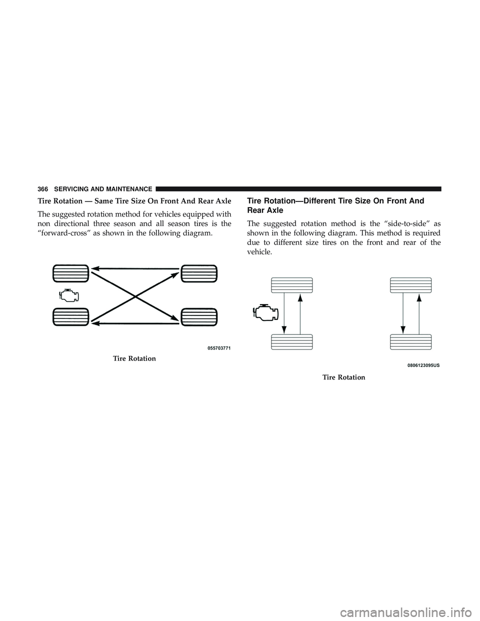 DODGE CHALLENGER SRT 2018  Owners Manual Tire Rotation — Same Tire Size On Front And Rear Axle
The suggested rotation method for vehicles equipped with
non directional three season and all season tires is the
“forward-cross” as shown i DODGE CHALLENGER SRT 2018  Owners Manual Tire Rotation — Same Tire Size On Front And Rear Axle
The suggested rotation method for vehicles equipped with
non directional three season and all season tires is the
“forward-cross” as shown i