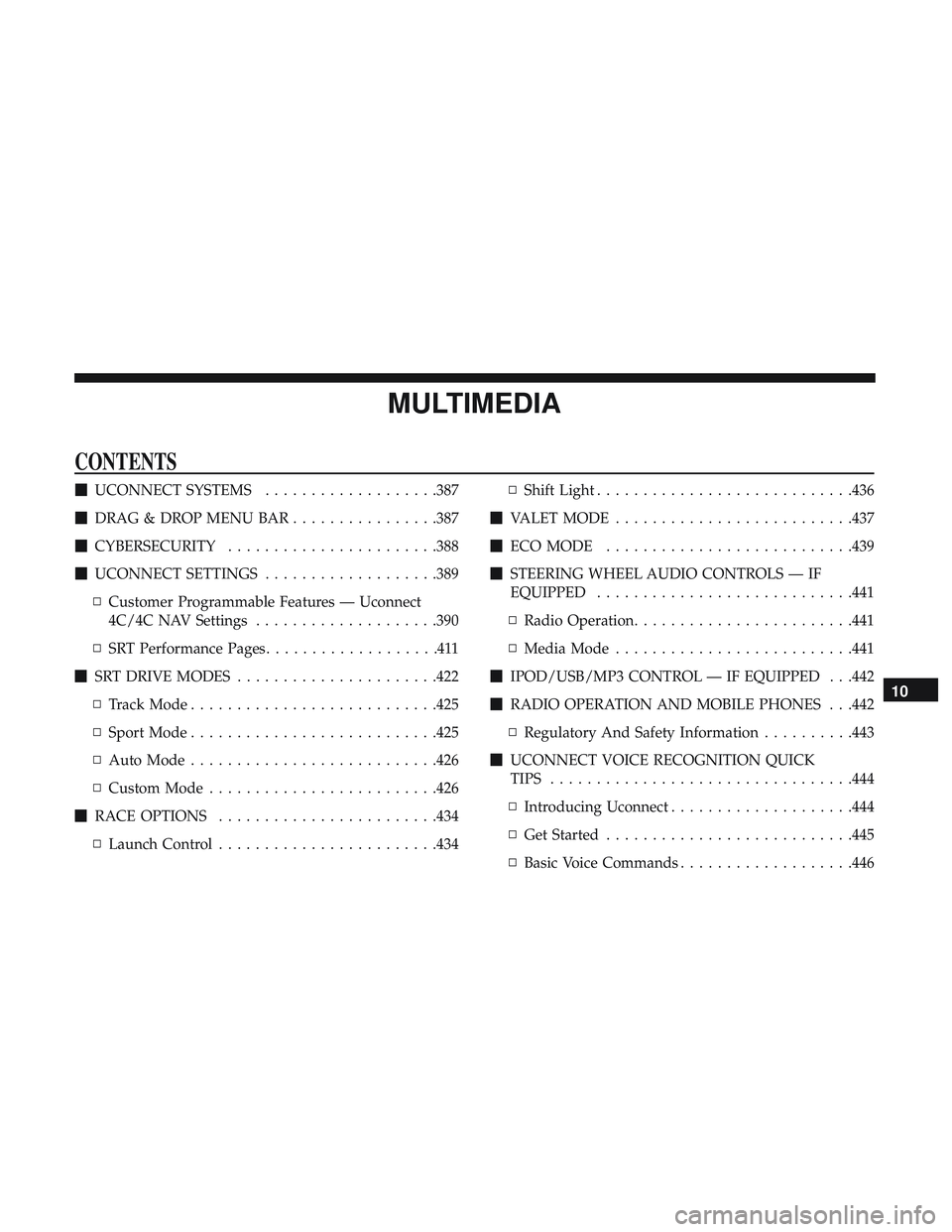 DODGE CHALLENGER SRT 2018  Owners Manual MULTIMEDIA
CONTENTS
UCONNECT SYSTEMS ...................387
 DRAG & DROP MENU BAR ................387
 CYBERSECURITY ...................... .388
 UCONNECT SETTINGS ...................389
▫ Custo
