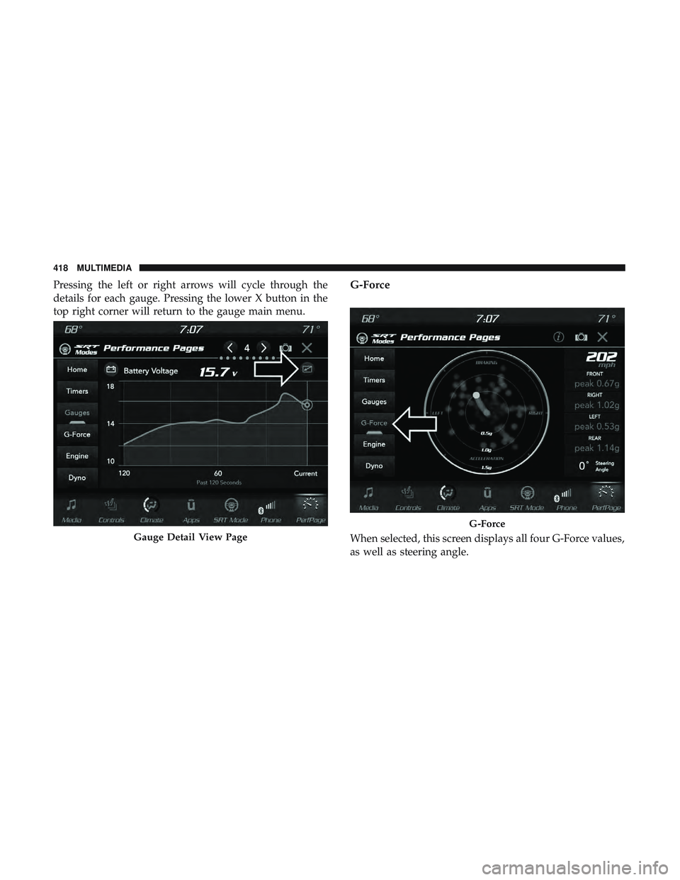 DODGE CHALLENGER SRT 2018  Owners Manual Pressing the left or right arrows will cycle through the
details for each gauge. Pressing the lower X button in the
top right corner will return to the gauge main menu.G-Force
When selected, this scre DODGE CHALLENGER SRT 2018  Owners Manual Pressing the left or right arrows will cycle through the
details for each gauge. Pressing the lower X button in the
top right corner will return to the gauge main menu.G-Force
When selected, this scre