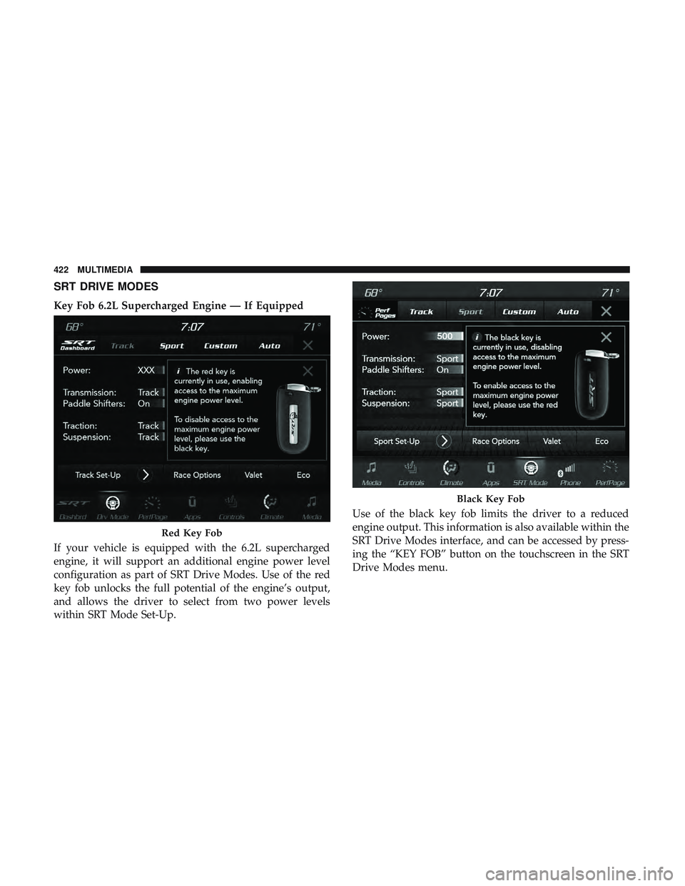 DODGE CHALLENGER SRT 2018  Owners Manual SRT DRIVE MODES
Key Fob 6.2L Supercharged Engine — If Equipped
If your vehicle is equipped with the 6.2L supercharged
engine, it will support an additional engine power level
configuration as part o