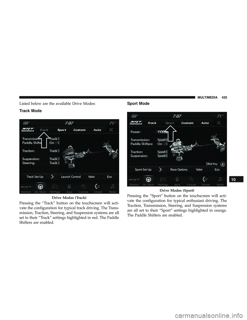 DODGE CHALLENGER SRT 2018  Owners Manual Listed below are the available Drive Modes:
Track Mode
Pressing the “Track” button on the touchscreen will acti-
vate the configuration for typical track driving. The Trans-
mission, Traction, Ste