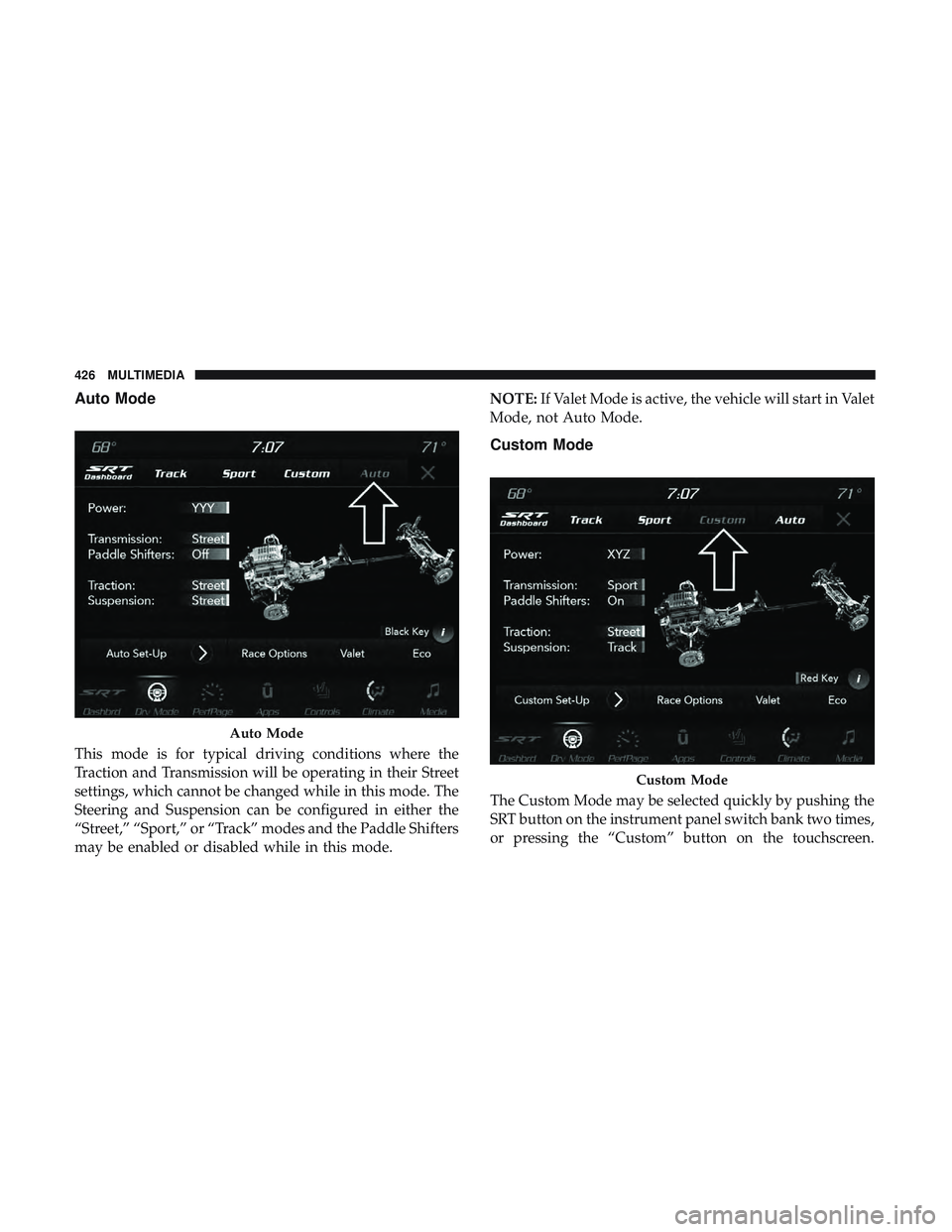 DODGE CHALLENGER SRT 2018  Owners Manual Auto Mode
This mode is for typical driving conditions where the
Traction and Transmission will be operating in their Street
settings, which cannot be changed while in this mode. The
Steering and Suspe