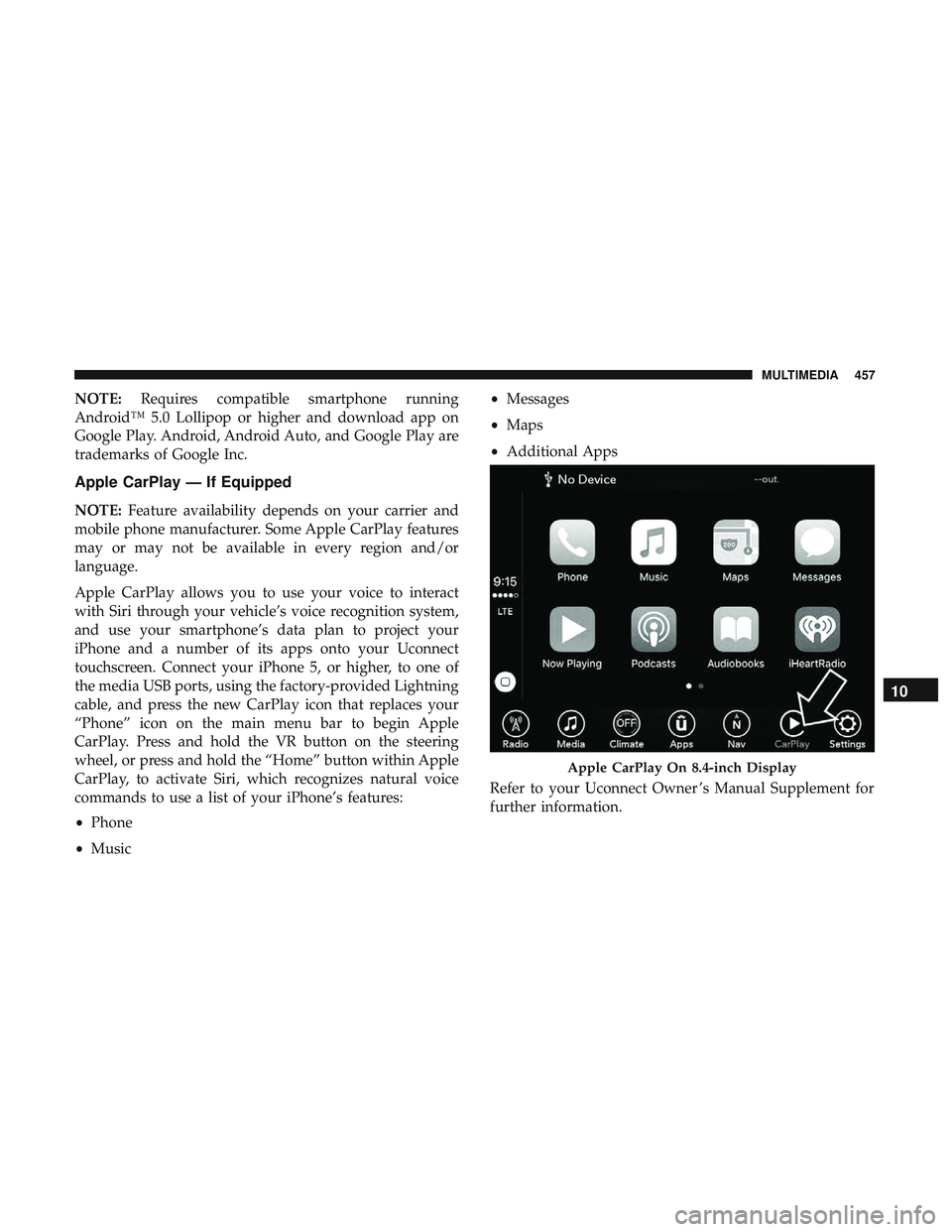 DODGE CHALLENGER SRT 2018  Owners Manual NOTE:Requires compatible smartphone running
Android™ 5.0 Lollipop or higher and download app on
Google Play. Android, Android Auto, and Google Play are
trademarks of Google Inc.
Apple CarPlay — If DODGE CHALLENGER SRT 2018  Owners Manual NOTE:Requires compatible smartphone running
Android™ 5.0 Lollipop or higher and download app on
Google Play. Android, Android Auto, and Google Play are
trademarks of Google Inc.
Apple CarPlay — If