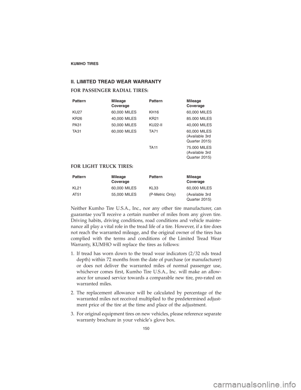 DODGE CHALLENGER SRT 2018  Vehicle Warranty II. LIMITED TREAD WEAR WARRANTY
FOR PASSENGER RADIAL TIRES:
Pattern Mileage
CoveragePattern Mileage
Coverage
KU27 60,000 MILES KH16 60,000 MILES
KR26 40,000 MILES KR21 85.000 MILES
PA31 50,000 MILES K