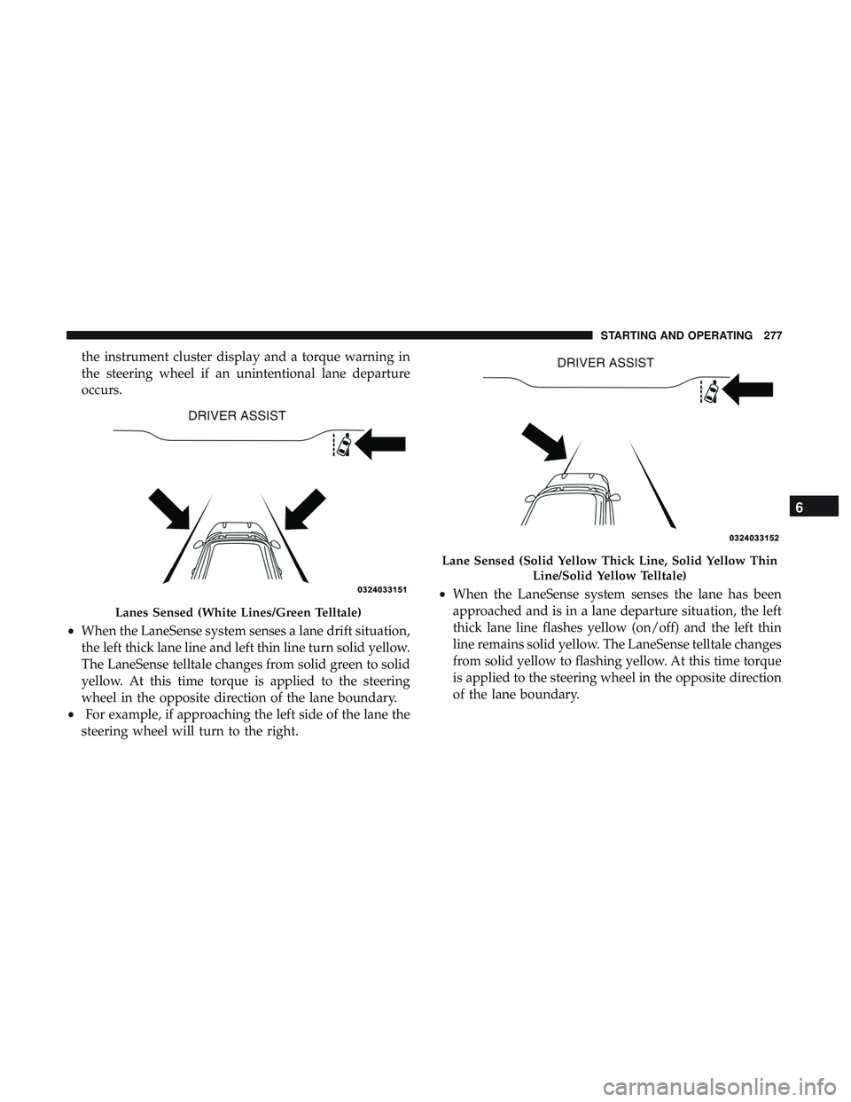 DODGE CHARGER 2018 Owners Manual the instrument cluster display and a torque warning in
the steering wheel if an unintentional lane departure
occurs.
• When the LaneSense system senses a lane drift situation,
the left thick lane li DODGE CHARGER 2018 Owners Manual the instrument cluster display and a torque warning in
the steering wheel if an unintentional lane departure
occurs.
• When the LaneSense system senses a lane drift situation,
the left thick lane li