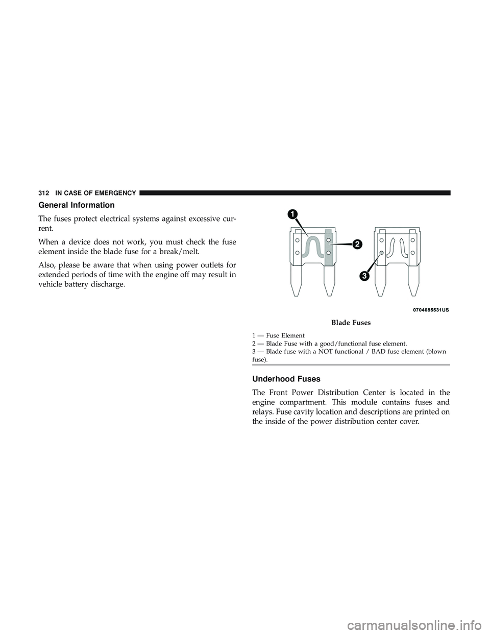 DODGE CHARGER 2018  Owners Manual General Information
The fuses protect electrical systems against excessive cur-
rent.
When a device does not work, you must check the fuse
element inside the blade fuse for a break/melt.
Also, please 