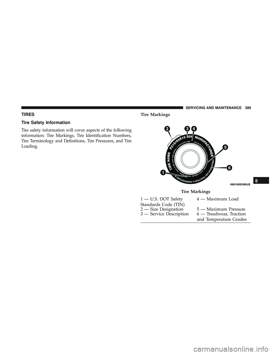 DODGE CHARGER 2018  Owners Manual TIRES
Tire Safety Information
Tire safety information will cover aspects of the following
information: Tire Markings, Tire Identification Numbers,
Tire Terminology and Definitions, Tire Pressures, and