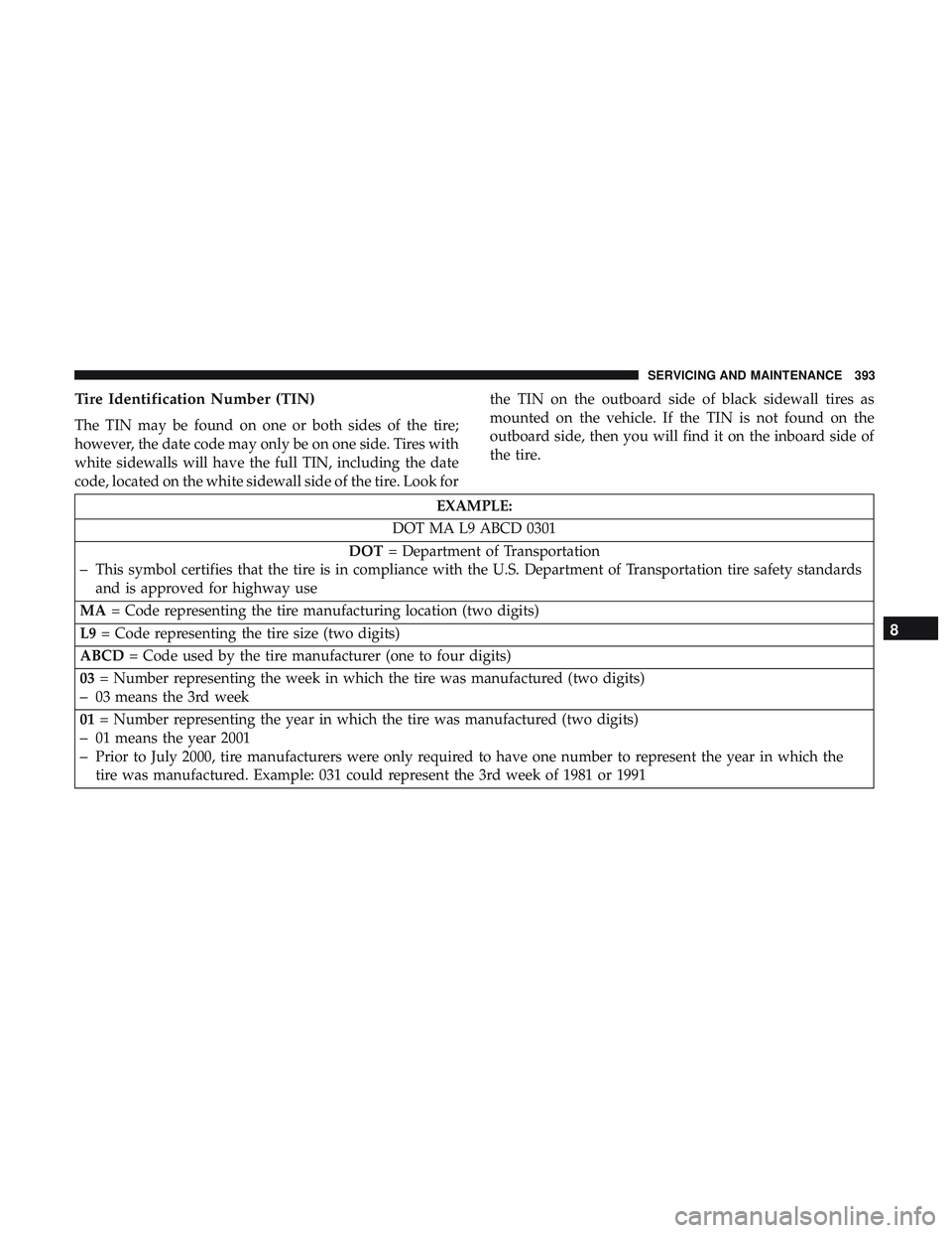 DODGE CHARGER 2018  Owners Manual Tire Identification Number (TIN)
The TIN may be found on one or both sides of the tire;
however, the date code may only be on one side. Tires with
white sidewalls will have the full TIN, including the