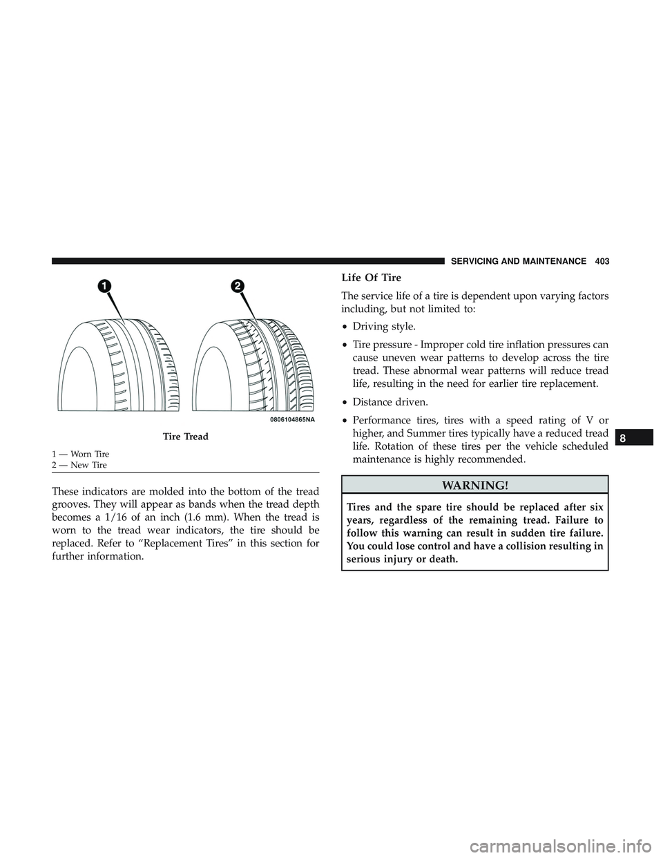 DODGE CHARGER 2018  Owners Manual These indicators are molded into the bottom of the tread
grooves. They will appear as bands when the tread depth
becomes a 1/16 of an inch (1.6 mm). When the tread is
worn to the tread wear indicators