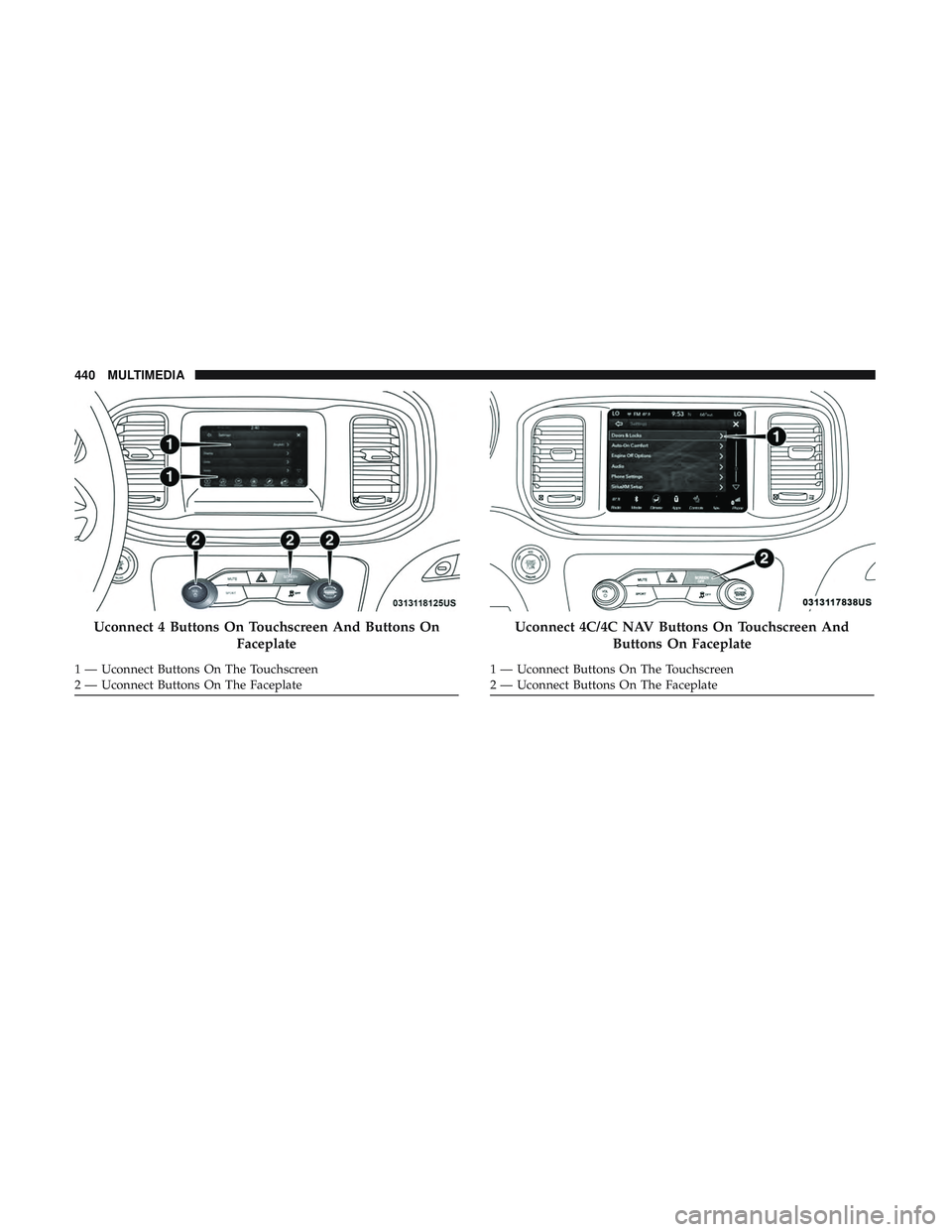 DODGE CHARGER 2018  Owners Manual Uconnect 4 Buttons On Touchscreen And Buttons OnFaceplate
1 — Uconnect Buttons On The Touchscreen
2 — Uconnect Buttons On The Faceplate
Uconnect 4C/4C NAV Buttons On Touchscreen AndButtons On Face