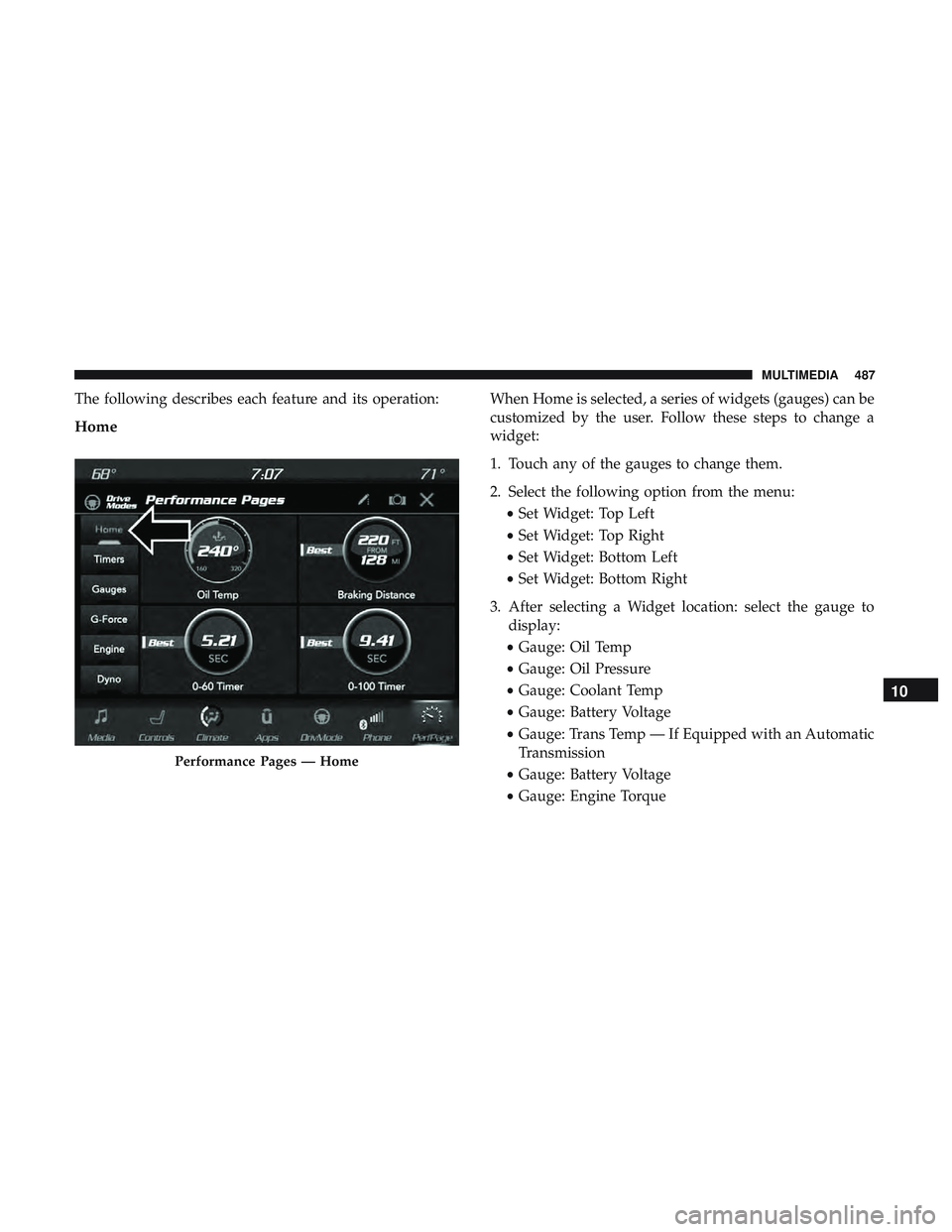 DODGE CHARGER 2018  Owners Manual The following describes each feature and its operation:
Home
When Home is selected, a series of widgets (gauges) can be
customized by the user. Follow these steps to change a
widget:
1. Touch any of t