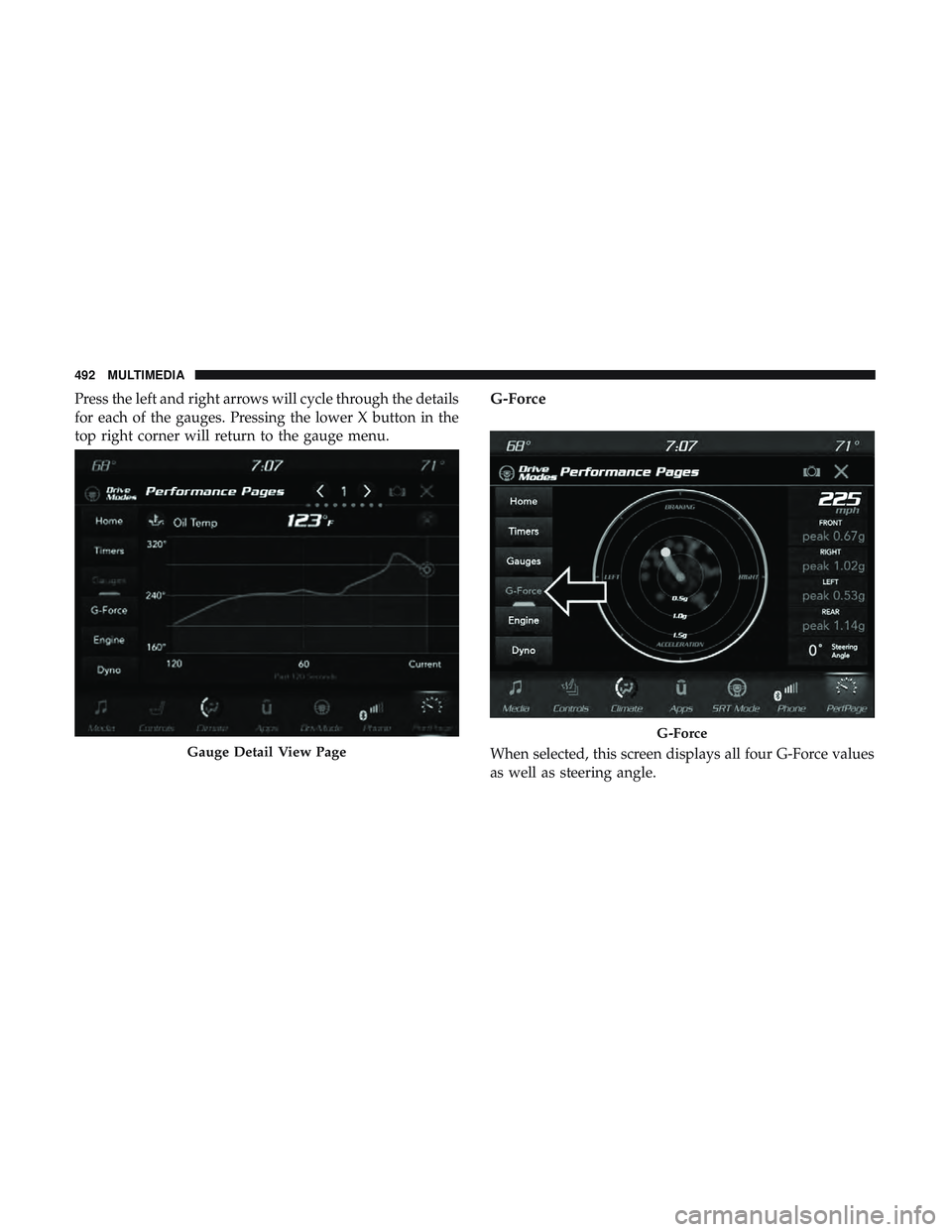 DODGE CHARGER 2018 Owners Manual Press the left and right arrows will cycle through the details
for each of the gauges. Pressing the lower X button in the
top right corner will return to the gauge menu.G-Force
When selected, this scr DODGE CHARGER 2018 Owners Manual Press the left and right arrows will cycle through the details
for each of the gauges. Pressing the lower X button in the
top right corner will return to the gauge menu.G-Force
When selected, this scr