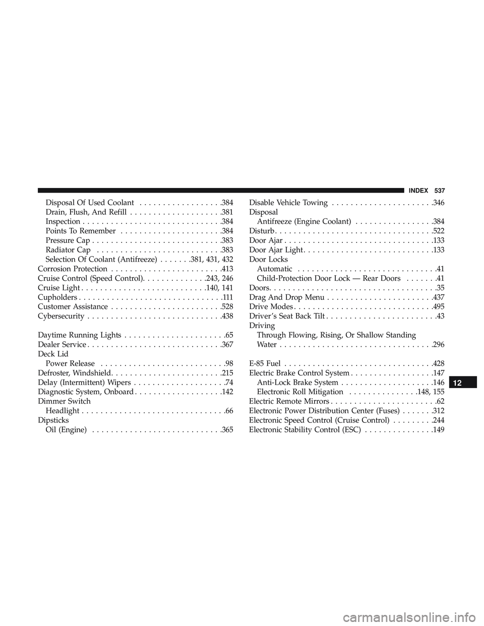 DODGE CHARGER 2018 Owners Manual Disposal Of Used Coolant..................384
Drain, Flush, And Refill ....................381
Inspection ............................. .384
Points To Remember ..................... .384
Pressure Cap DODGE CHARGER 2018 Owners Manual Disposal Of Used Coolant..................384
Drain, Flush, And Refill ....................381
Inspection ............................. .384
Points To Remember ..................... .384
Pressure Cap