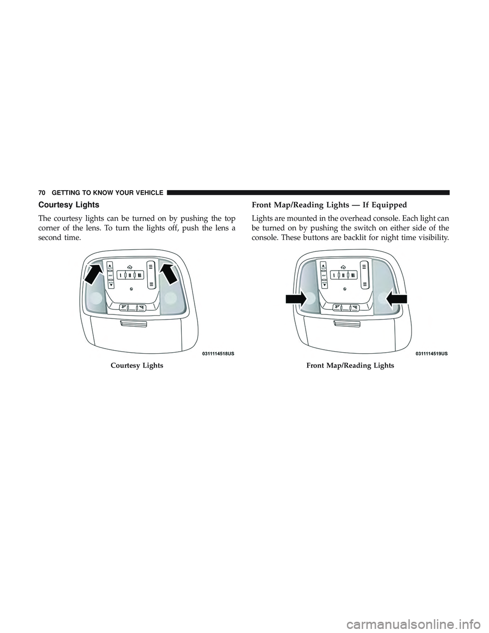 DODGE CHARGER 2018 Manual PDF Courtesy Lights
The courtesy lights can be turned on by pushing the top
corner of the lens. To turn the lights off, push the lens a
second time.
Front Map/Reading Lights — If Equipped
Lights are mou DODGE CHARGER 2018 Manual PDF Courtesy Lights
The courtesy lights can be turned on by pushing the top
corner of the lens. To turn the lights off, push the lens a
second time.
Front Map/Reading Lights — If Equipped
Lights are mou