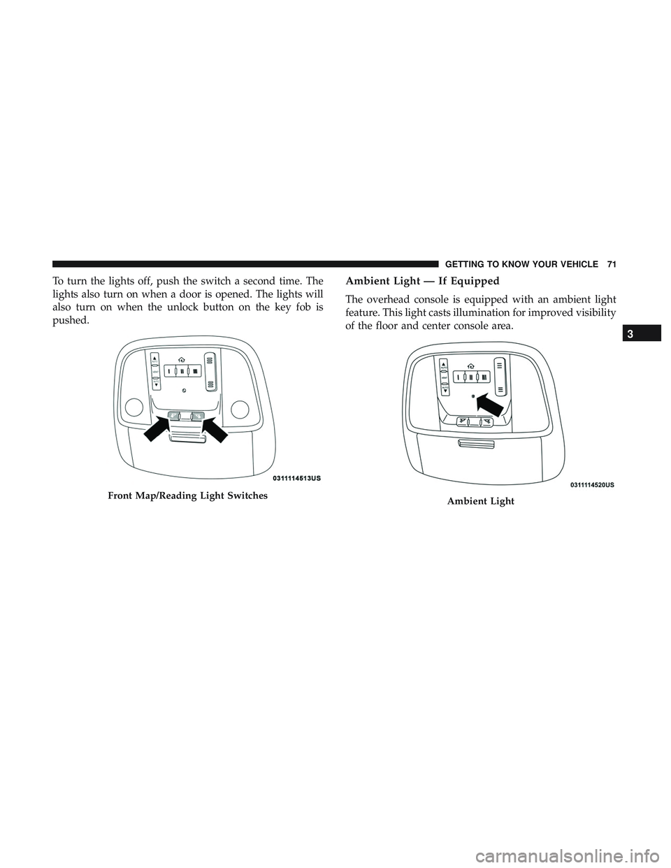 DODGE CHARGER 2018 Manual PDF To turn the lights off, push the switch a second time. The
lights also turn on when a door is opened. The lights will
also turn on when the unlock button on the key fob is
pushed.Ambient Light — If DODGE CHARGER 2018 Manual PDF To turn the lights off, push the switch a second time. The
lights also turn on when a door is opened. The lights will
also turn on when the unlock button on the key fob is
pushed.Ambient Light — If