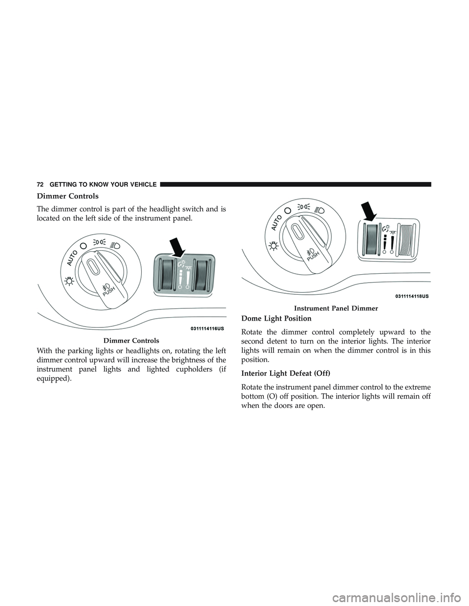 DODGE CHARGER 2018 Manual PDF Dimmer Controls
The dimmer control is part of the headlight switch and is
located on the left side of the instrument panel.
With the parking lights or headlights on, rotating the left
dimmer control u DODGE CHARGER 2018 Manual PDF Dimmer Controls
The dimmer control is part of the headlight switch and is
located on the left side of the instrument panel.
With the parking lights or headlights on, rotating the left
dimmer control u