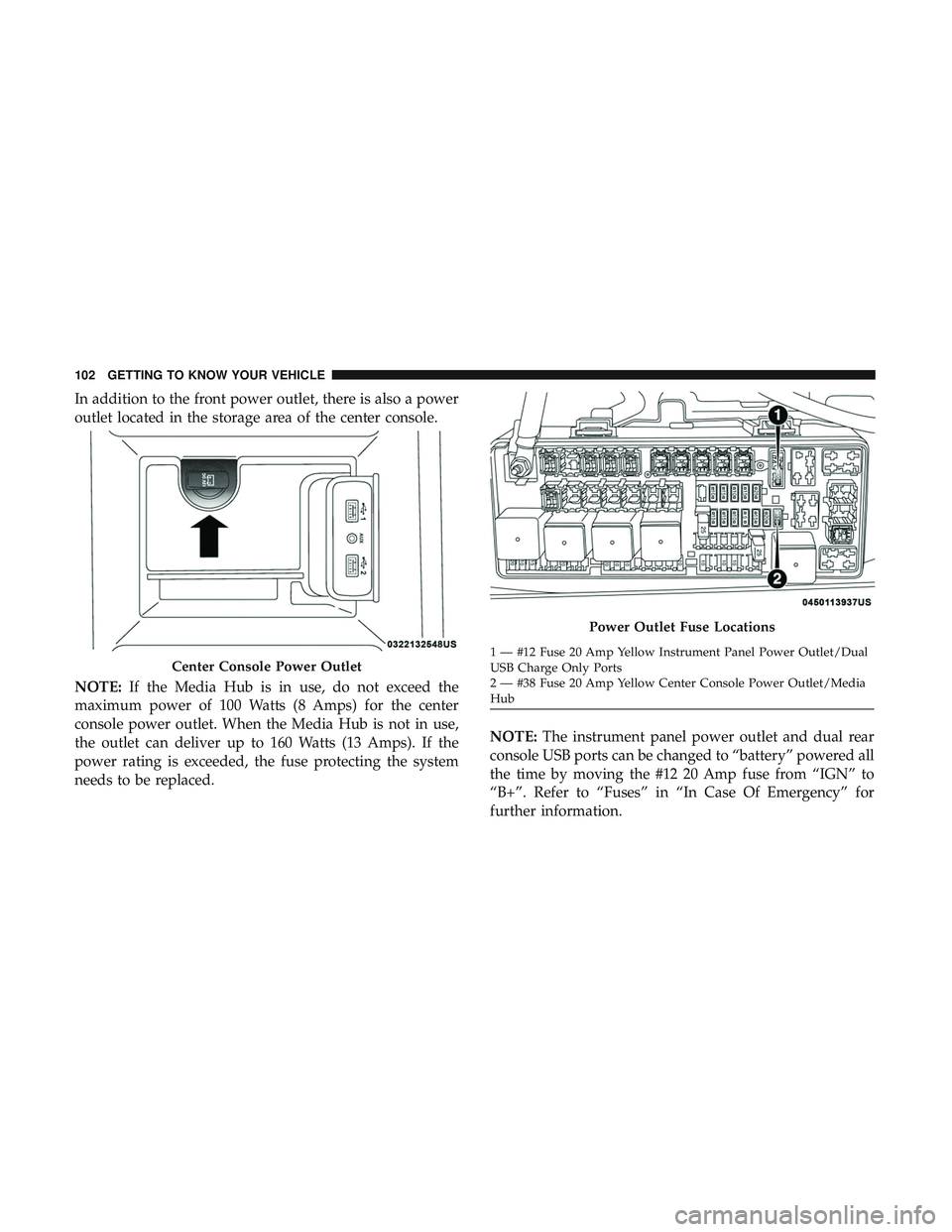 DODGE CHARGER SRT 2018  Owners Manual In addition to the front power outlet, there is also a power
outlet located in the storage area of the center console.
NOTE:If the Media Hub is in use, do not exceed the
maximum power of 100 Watts (8 