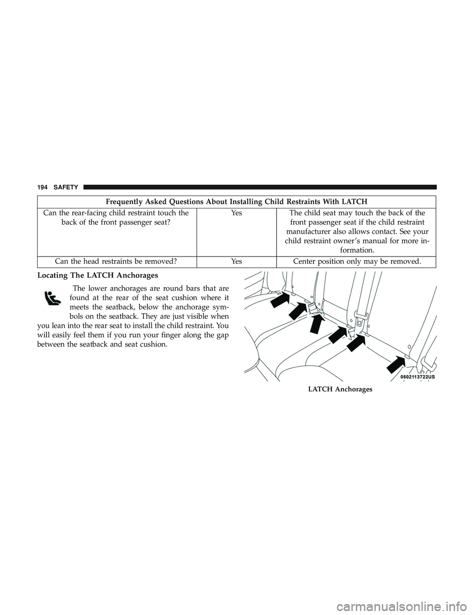 DODGE CHARGER SRT 2018  Owners Manual Frequently Asked Questions About Installing Child Restraints With LATCH
Can the rear-facing child restraint touch the back of the front passenger seat? Yes The child seat may touch the back of the
fro