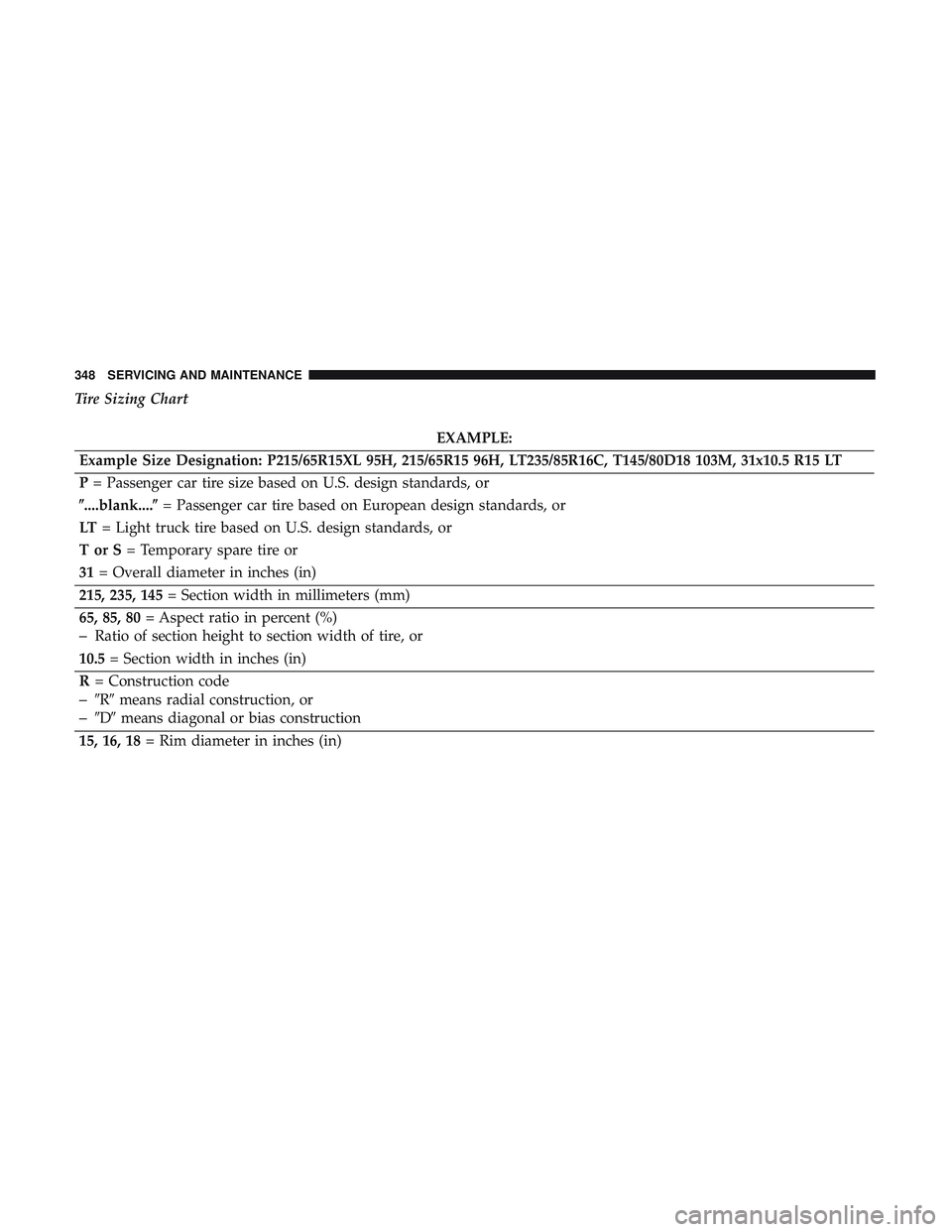 DODGE CHARGER SRT 2018  Owners Manual Tire Sizing Chart
EXAMPLE:
Example Size Designation: P215/65R15XL 95H, 215/65R15 96H, LT235/85R16C, T145/80D18 103M, 31x10.5 R15 LT
P = Passenger car tire size based on U.S. design standards, or
....