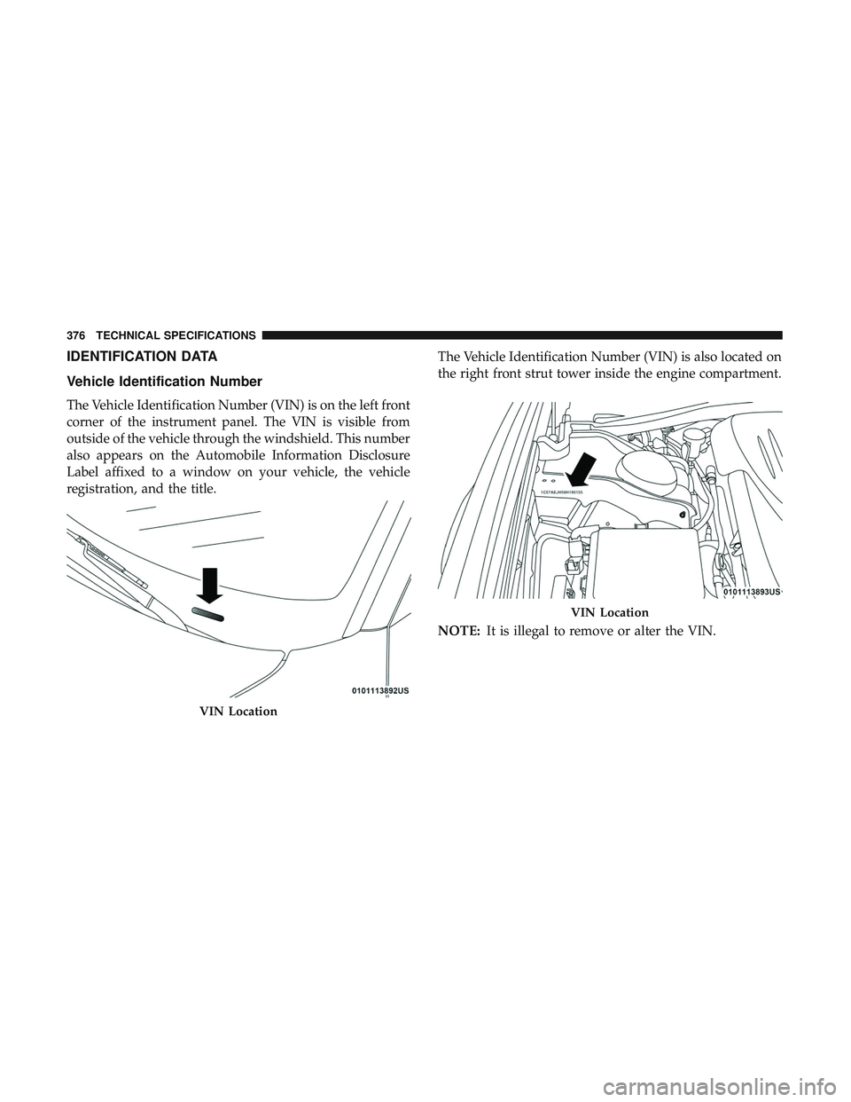 DODGE CHARGER SRT 2018  Owners Manual IDENTIFICATION DATA
Vehicle Identification Number
The Vehicle Identification Number (VIN) is on the left front
corner of the instrument panel. The VIN is visible from
outside of the vehicle through th