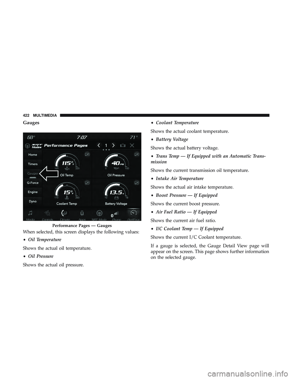 DODGE CHARGER SRT 2018 Service Manual Gauges
When selected, this screen displays the following values:
•Oil Temperature
Shows the actual oil temperature.
• Oil Pressure
Shows the actual oil pressure. •
Coolant Temperature
Shows the 