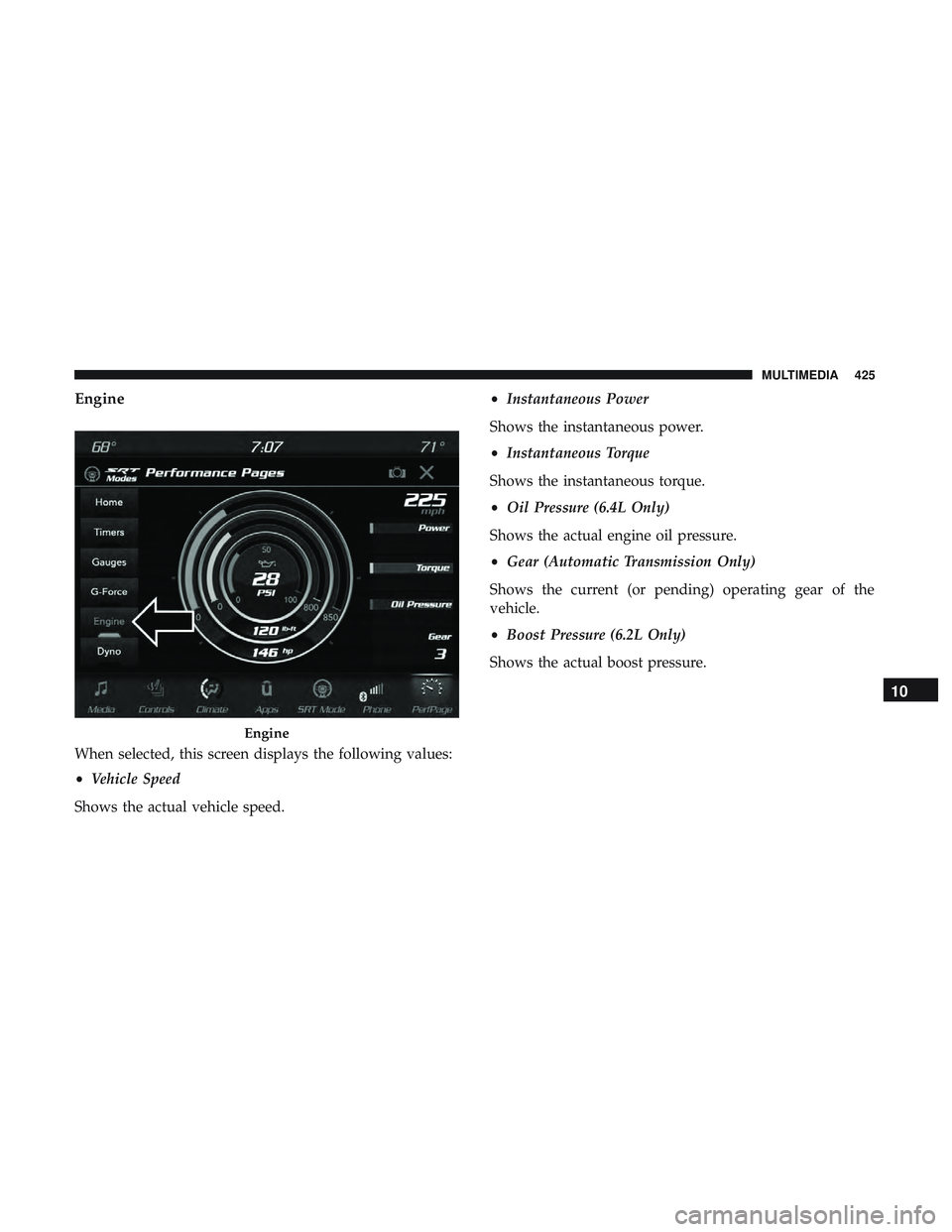 DODGE CHARGER SRT 2018 Service Manual Engine
When selected, this screen displays the following values:
•Vehicle Speed
Shows the actual vehicle speed. •
Instantaneous Power
Shows the instantaneous power.
• Instantaneous Torque
Shows 