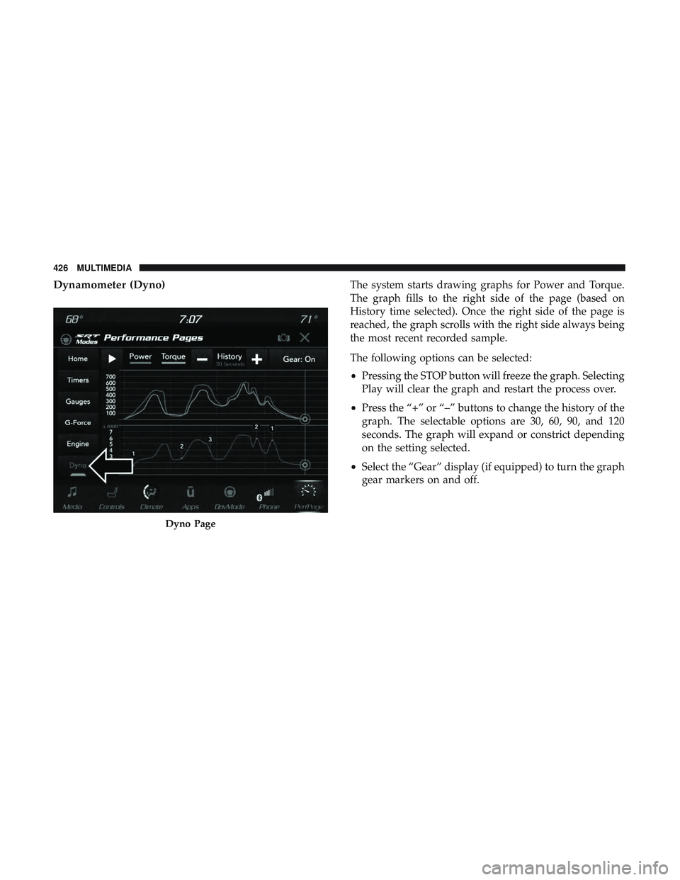 DODGE CHARGER SRT 2018  Owners Manual Dynamometer (Dyno)The system starts drawing graphs for Power and Torque.
The graph fills to the right side of the page (based on
History time selected). Once the right side of the page is
reached, the
