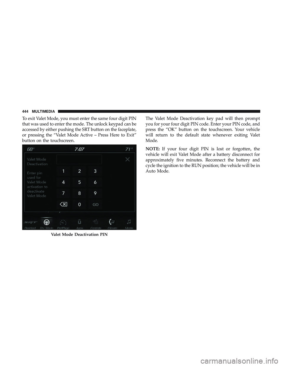 DODGE CHARGER SRT 2018  Owners Manual To exit Valet Mode, you must enter the same four digit PIN
that was used to enter the mode. The unlock keypad can be
accessed by either pushing the SRT button on the faceplate,
or pressing the “Vale