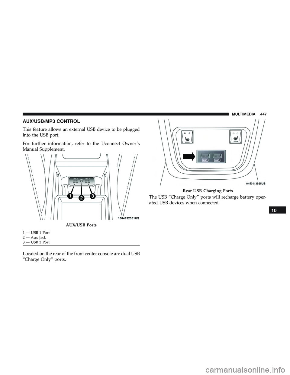 DODGE CHARGER SRT 2018  Owners Manual AUX/USB/MP3 CONTROL
This feature allows an external USB device to be plugged
into the USB port.
For further information, refer to the Uconnect Owner ’s
Manual Supplement.
Located on the rear of the 