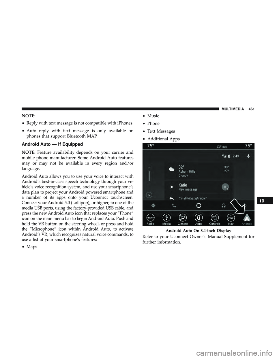 DODGE CHARGER SRT 2018  Owners Manual NOTE:
•Reply with text message is not compatible with iPhones.
• Auto reply with text message is only available on
phones that support Bluetooth MAP.
Android Auto — If Equipped
NOTE: Feature ava
