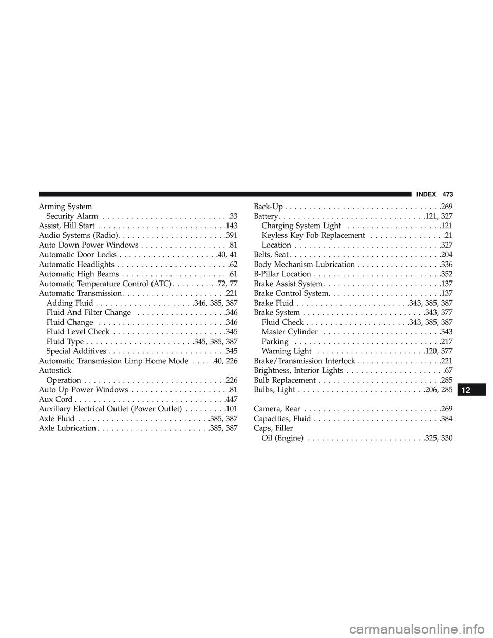 DODGE CHARGER SRT 2018 Service Manual Arming SystemSecurity Alarm ...........................33
Assist, Hill Start .......................... .143
Audio Systems (Radio) .......................391
Auto Down Power Windows ..................