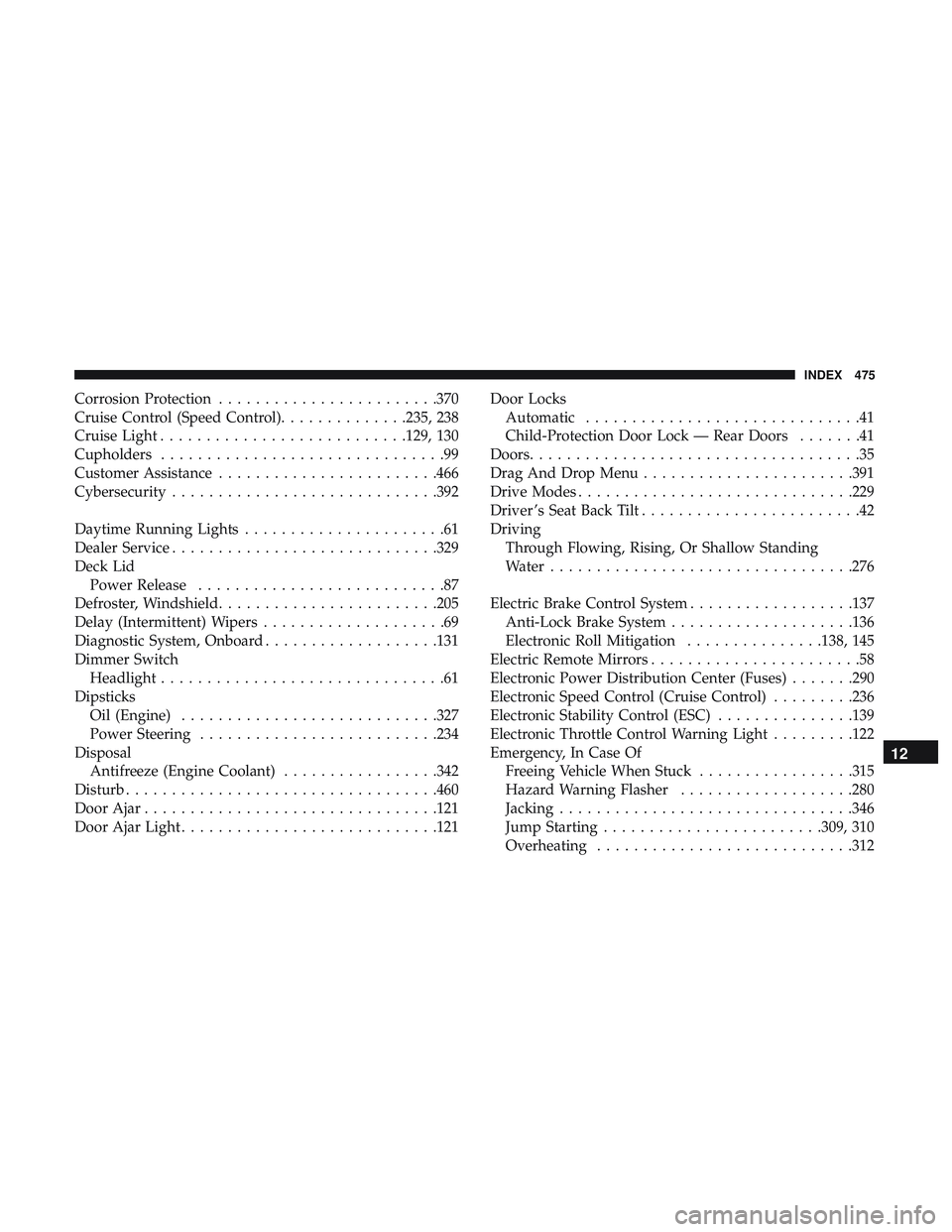 DODGE CHARGER SRT 2018 Service Manual Corrosion Protection........................370
Cruise Control (Speed Control) ..............235, 238
Cruise Light .......................... .129, 130
Cupholders ...............................99
Cus