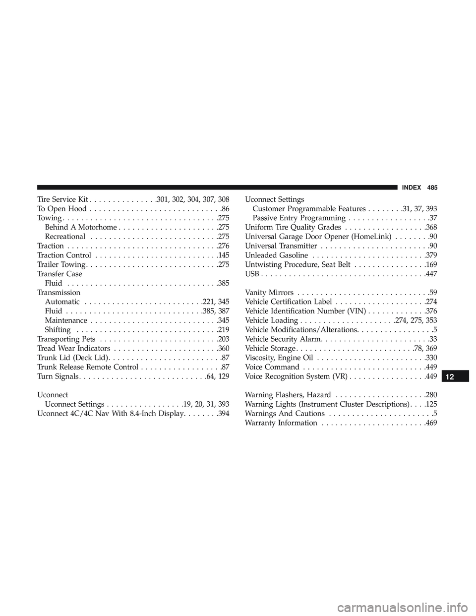 DODGE CHARGER SRT 2018 Service Manual Tire Service Kit...............301, 302, 304, 307, 308
To Open Hood .............................86
Towing ................................. .275
Behind A Motorhome ..................... .275
Recreati