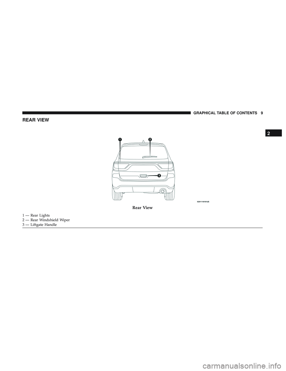DODGE DURANGO 2018 User Guide REAR VIEW
Rear View
1 — Rear Lights
2 — Rear Windshield Wiper
3 — Liftgate Handle
2
GRAPHICAL TABLE OF CONTENTS 9 