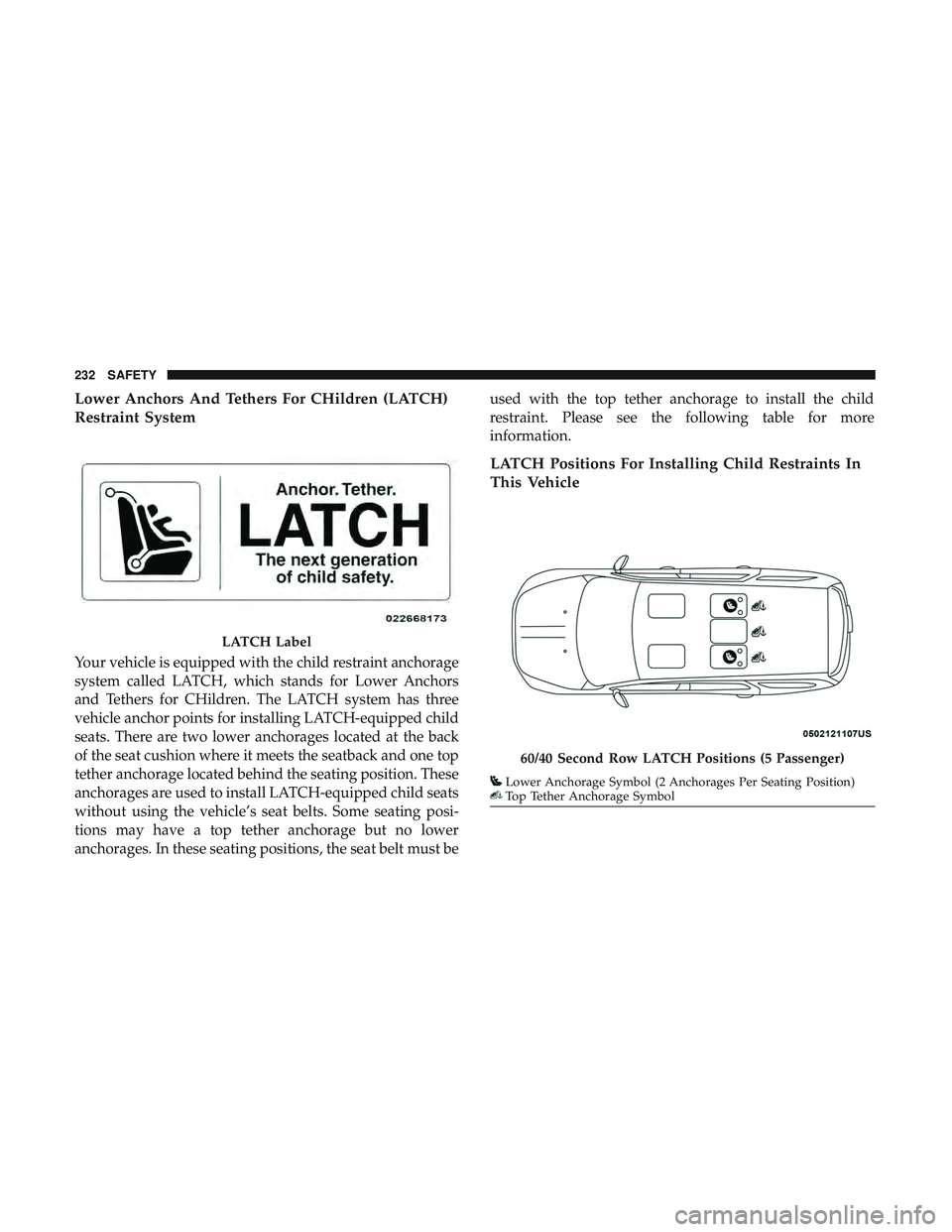 DODGE DURANGO 2018 Owners Manual Lower Anchors And Tethers For CHildren (LATCH)
Restraint System
Your vehicle is equipped with the child restraint anchorage
system called LATCH, which stands for Lower Anchors
and Tethers for CHildren DODGE DURANGO 2018 Owners Manual Lower Anchors And Tethers For CHildren (LATCH)
Restraint System
Your vehicle is equipped with the child restraint anchorage
system called LATCH, which stands for Lower Anchors
and Tethers for CHildren