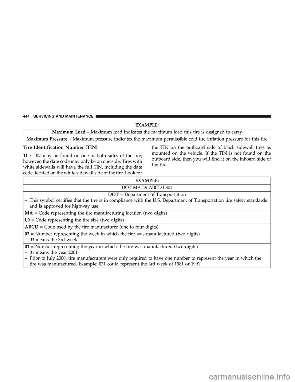 DODGE DURANGO 2018 Owners Manual EXAMPLE:
Maximum Load – Maximum load indicates the maximum load this tire is designed to carry
Maximum Pressure – Maximum pressure indicates the maximum permissible cold tire inflation pressure fo DODGE DURANGO 2018 Owners Manual EXAMPLE:
Maximum Load – Maximum load indicates the maximum load this tire is designed to carry
Maximum Pressure – Maximum pressure indicates the maximum permissible cold tire inflation pressure fo