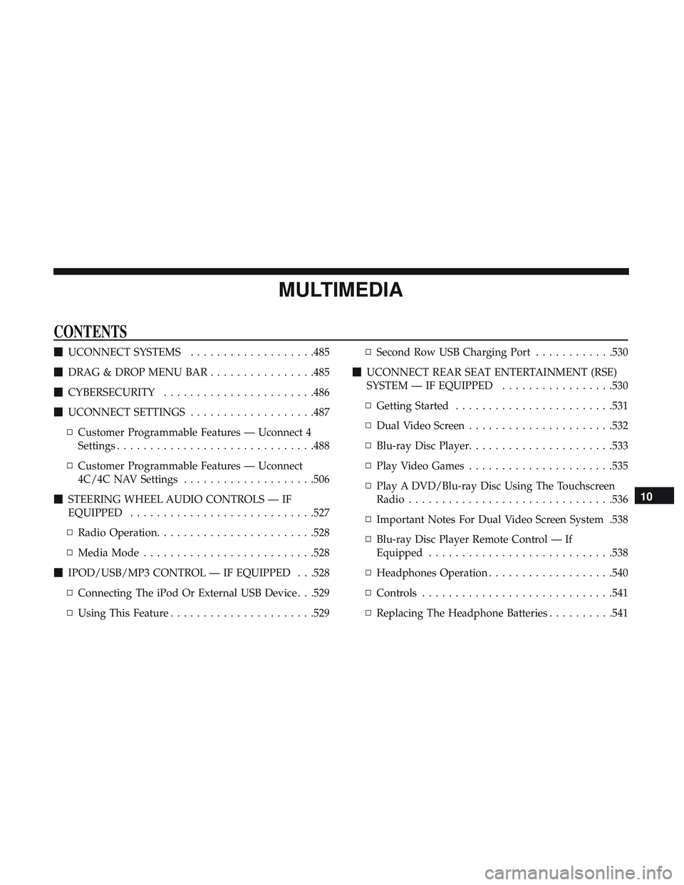 DODGE DURANGO 2018  Owners Manual MULTIMEDIA
CONTENTS
UCONNECT SYSTEMS ...................485
 DRAG & DROP MENU BAR ................485
 CYBERSECURITY .......................486
 UCONNECT SETTINGS ...................487
▫ Custom
