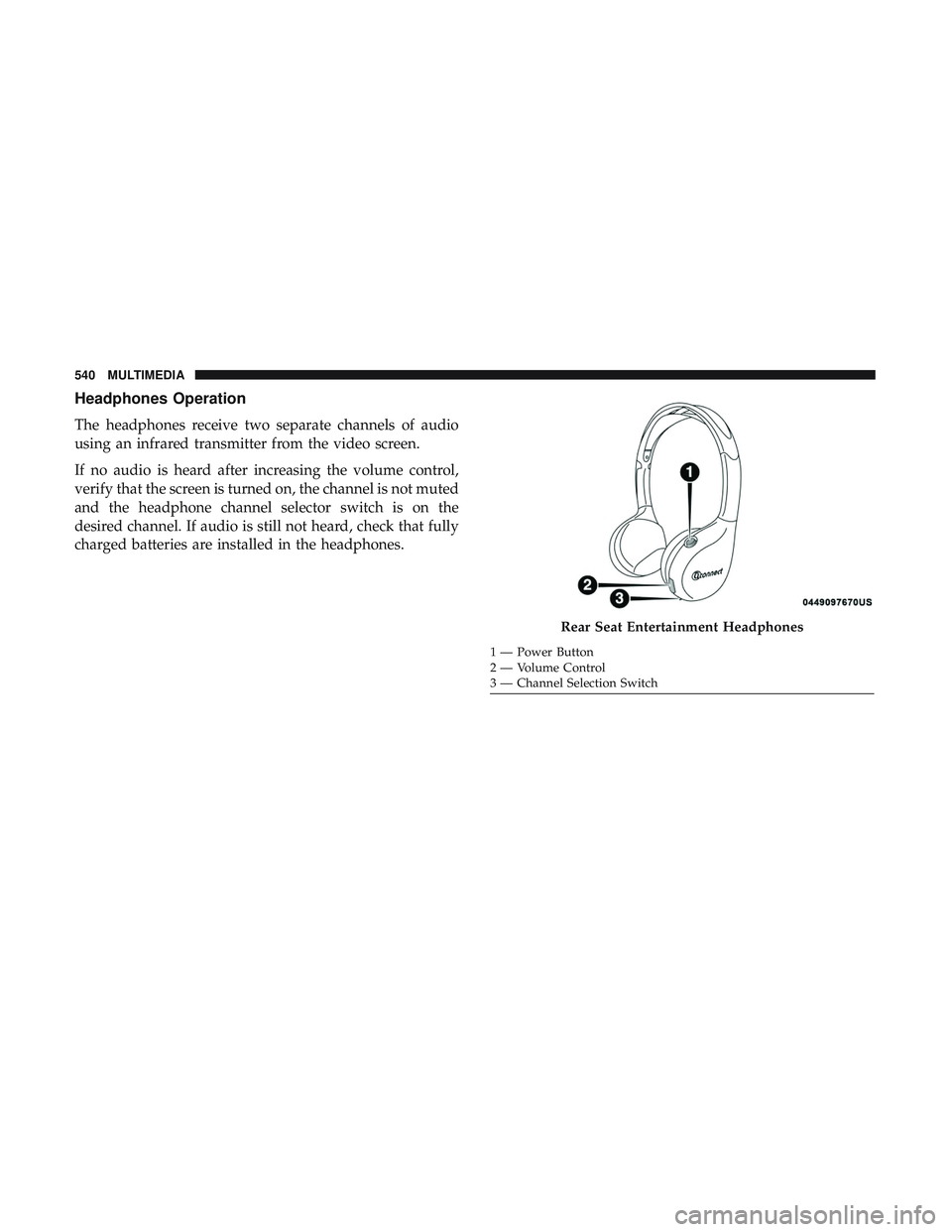 DODGE DURANGO 2018  Owners Manual Headphones Operation
The headphones receive two separate channels of audio
using an infrared transmitter from the video screen.
If no audio is heard after increasing the volume control,
verify that th
