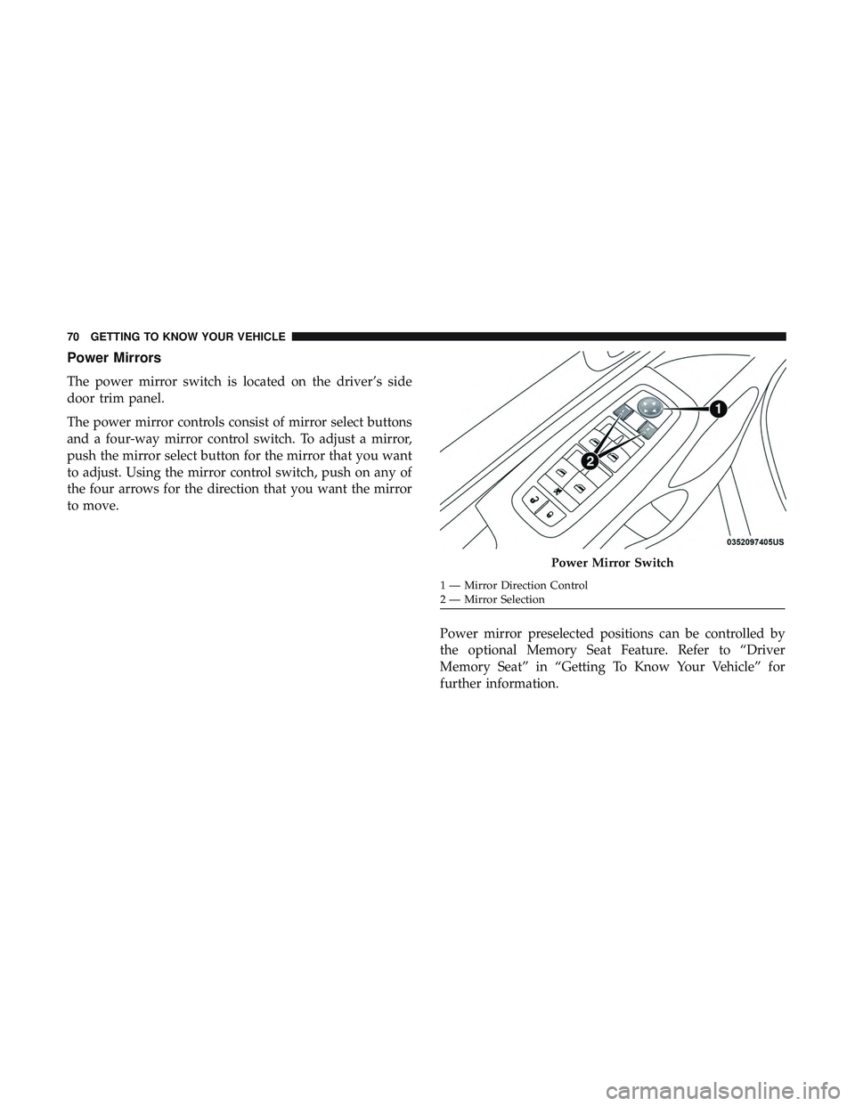 DODGE DURANGO 2018 Manual PDF Power Mirrors
The power mirror switch is located on the driver’s side
door trim panel.
The power mirror controls consist of mirror select buttons
and a four-way mirror control switch. To adjust a mi DODGE DURANGO 2018 Manual PDF Power Mirrors
The power mirror switch is located on the driver’s side
door trim panel.
The power mirror controls consist of mirror select buttons
and a four-way mirror control switch. To adjust a mi