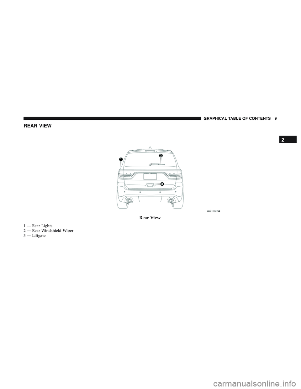 DODGE DURANGO SRT 2018 User Guide REAR VIEW
Rear View
1 — Rear Lights
2 — Rear Windshield Wiper
3 — Liftgate
2
GRAPHICAL TABLE OF CONTENTS 9 