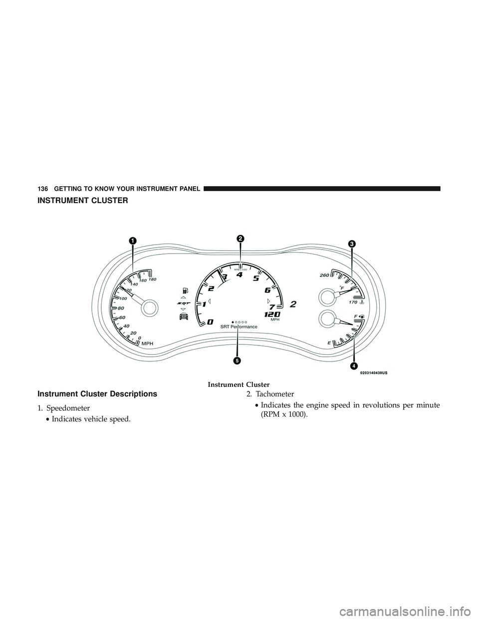 DODGE DURANGO SRT 2018  Owners Manual INSTRUMENT CLUSTER
Instrument Cluster Descriptions
1. Speedometer•Indicates vehicle speed. 2. Tachometer
•Indicates the engine speed in revolutions per minute
(RPM x 1000).
Instrument Cluster
136 