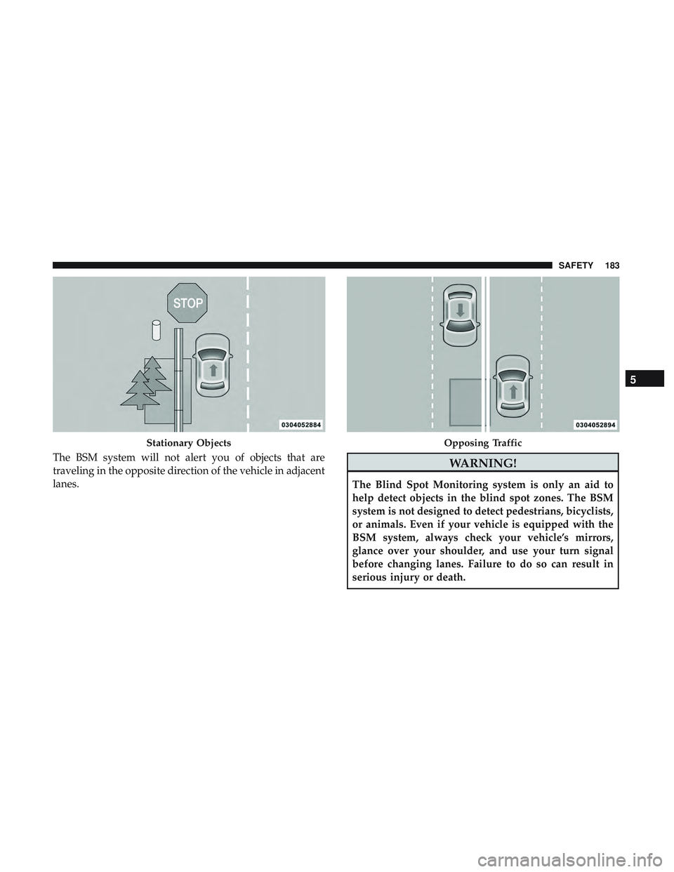 DODGE DURANGO SRT 2018 Owners Manual The BSM system will not alert you of objects that are
traveling in the opposite direction of the vehicle in adjacent
lanes.WARNING!
The Blind Spot Monitoring system is only an aid to
help detect objec DODGE DURANGO SRT 2018 Owners Manual The BSM system will not alert you of objects that are
traveling in the opposite direction of the vehicle in adjacent
lanes.WARNING!
The Blind Spot Monitoring system is only an aid to
help detect objec